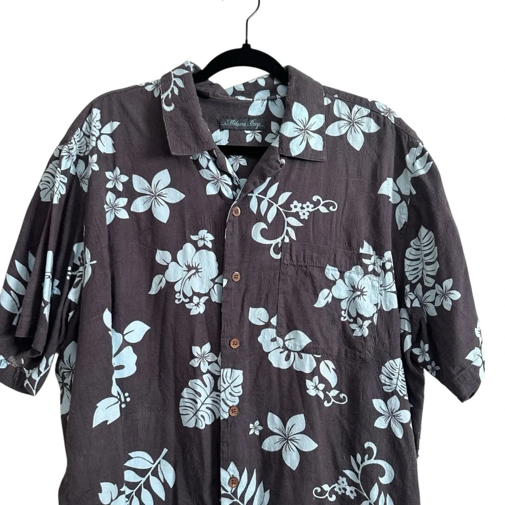 Milano Bay Gray and Blue Floral Hawaiian Button Up Cotton Blend Shirt Size XL - Picture 2 of 7
